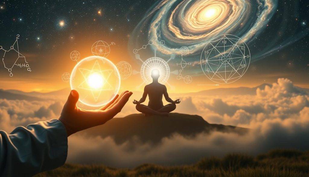 A serene fusion of science and spirituality, captured in a dreamlike landscape. In the foreground, a glowing orb of energy emanates from a scientist's hands, representing the interconnectedness of the material and the divine. In the middle ground, a mystic sits in deep meditation, their aura radiating outwards, while behind them, holographic representations of scientific diagrams and formulae float, blending seamlessly with the ethereal atmosphere. The background is a cosmic vista, with swirling galaxies and nebulae, hinting at the grand mysteries of the universe. Soft, diffused lighting casts a warm, contemplative glow over the entire scene, inviting the viewer to ponder the harmony between the rational and the transcendent.