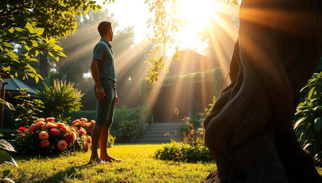 A serene garden oasis, lush with verdant foliage and vibrant blooms, serves as the backdrop for a figure embodying resilience. The subject stands tall, their posture exuding determination, as they gaze out over the tranquil scene. Rays of warm, golden light filter through the canopy, casting a soft, hopeful glow upon the scene. In the foreground, a weathered, twisted tree trunk symbolizes the ability to withstand adversity and emerge stronger. The composition conveys a sense of inner strength, growth, and the transformative power of resilience.