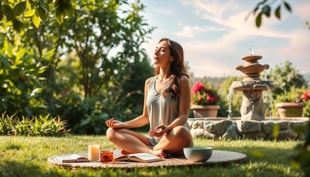 A serene garden oasis, mid-afternoon sunlight filtering through lush greenery. In the foreground, a woman sits cross-legged on a woven meditation mat, her eyes closed in deep contemplation. Surrounding her, an array of self-care tools - a fragrant candle, a journal, and a cup of herbal tea. In the middle ground, a stone fountain burbles softly, its calming sounds complementing the tranquil atmosphere. In the background, wisps of clouds drift across a pastel sky, hinting at the spiritual awakening unfolding within the tranquil scene.