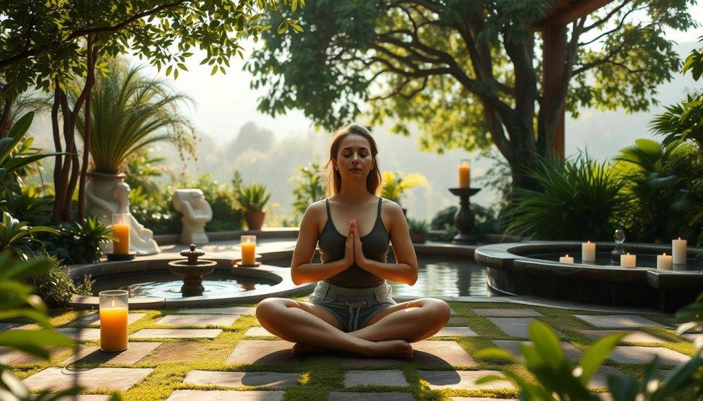 A serene garden oasis, sun-dappled and tranquil, where a person sits cross-legged in a meditative pose, eyes closed, hands resting gently on their lap. Surrounding them, lush greenery, soothing water features, and the soft glow of candles, creating a calming, restorative atmosphere. In the background, a misty, ethereal landscape, hinting at the journey of spiritual healing. The lighting is warm and natural, casting a gentle, introspective mood. The camera angle is slightly elevated, giving a sense of contemplation and introspection. This image captures the essence of mindfulness practices as a pathway to substance abuse healing.
