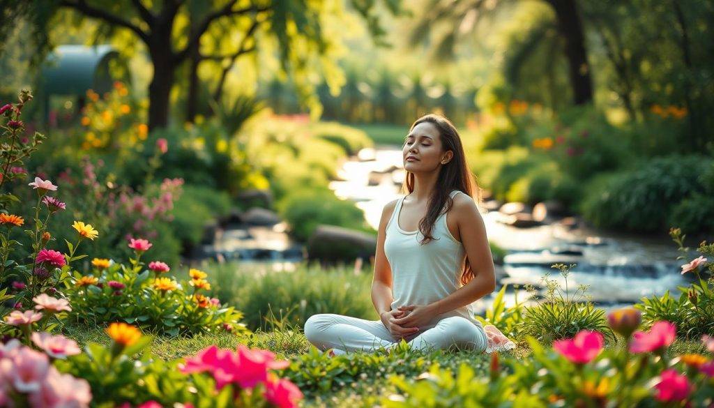 A serene garden oasis, with lush greenery and vibrant flowers in bloom. In the foreground, a woman sits cross-legged, eyes closed, hands resting gently on her lap, radiating a sense of calm and inner connection. Behind her, a flowing stream winds its way through the landscape, the gentle sound of water creating a soothing ambiance. Soft, diffused lighting filters through the canopy of trees, casting a warm, golden glow over the scene. The overall atmosphere evokes a feeling of tranquility, inviting the viewer to pause and reflect on the nurturing power of nature and the importance of self-care during the fertility journey.