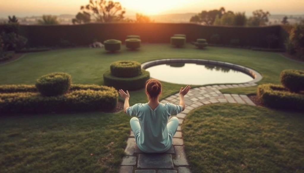 A serene garden setting, with a well-manicured path leading to a peaceful pond. In the foreground, a person sits cross-legged, drawing a clear boundary with their hands, signifying the establishment of personal space. The middle ground features a lush, verdant landscape, with carefully pruned bushes and trees, symbolizing the cultivation of a healthy, balanced environment. The background showcases a calming, golden-hued sunset, casting a warm, inviting glow over the scene. The lighting is soft and diffused, creating a sense of tranquility and introspection. The camera angle is slightly elevated, offering a bird's-eye view that emphasizes the deliberate, intentional nature of the boundary-setting process.