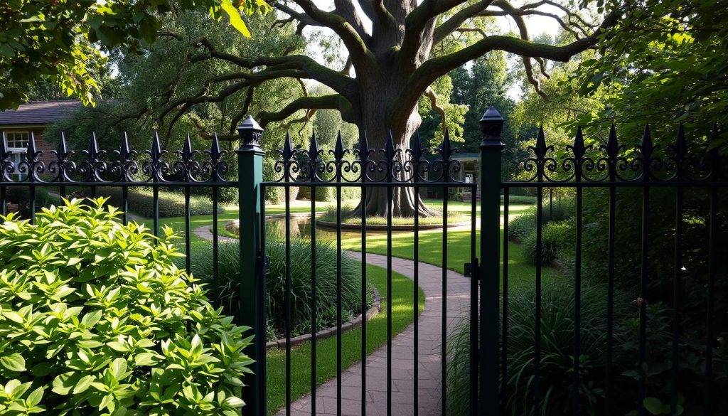 A serene garden surrounded by a sturdy yet elegant iron fence, symbolizing the boundaries that protect a nurturing and harmonious space. The lush foliage in the foreground casts a soft, natural light, while the middle ground features a winding path leading to a tranquil pond. In the background, a towering tree stands as a guardian, its branches reaching skyward. The overall atmosphere conveys a sense of balance, security, and personal empowerment, inviting the viewer to find their own inner peace and set healthy limits.