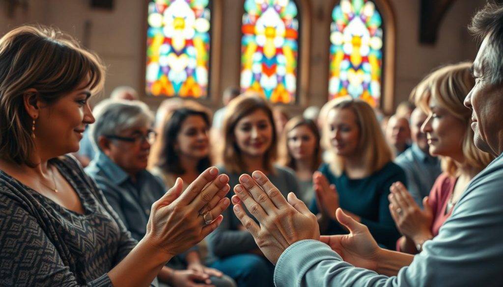 A serene gathering of a diverse faith community, seated together in a warmly lit sanctuary. The foreground features hands clasped in prayer, symbolizing unity and healing. In the middle, individuals of various ages and backgrounds face each other, their expressions radiating compassion and understanding. The background reveals stained-glass windows casting a kaleidoscope of colors, evoking a sense of the divine. Soft lighting filters through, creating a contemplative atmosphere. The scene conveys the power of spiritual principles, such as forgiveness, community, and hope, to aid in the journey of addiction recovery.
