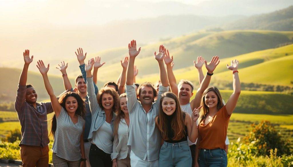 A serene group of people celebrating their collective success, basking in the warm glow of an afternoon sun. In the foreground, a diverse group of individuals, their faces alight with joy and camaraderie, raising their arms in a gesture of triumph. Behind them, a lush, verdant landscape unfolds, with rolling hills and a distant horizon painted in soft hues. The lighting is soft and diffused, creating a sense of tranquility and harmony. The composition is balanced, with the central figures framed by the natural setting, conveying a sense of unity and shared accomplishment. The overall mood is one of inspiration and collective empowerment, reflecting the triumph of a shared vision and the power of collaborative effort.