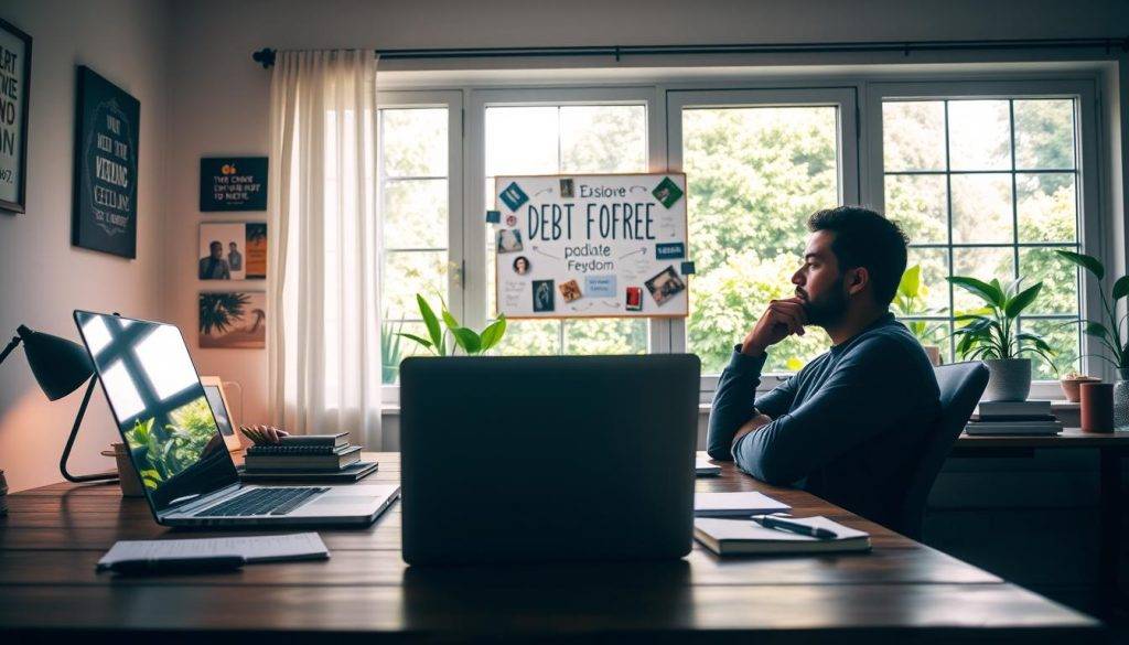 A serene home office setting with a focused individual contemplating debt payment strategies. The foreground features a wooden desk with a laptop, pen, and notebook, conveying a sense of organized productivity. The middle ground showcases a vision board adorned with inspirational quotes and images, hinting at the manifestation of financial freedom. In the background, a large window overlooking a lush, verdant garden creates a calming, natural atmosphere, symbolizing the growth and abundance that can come from responsible debt management. Soft, warm lighting illuminates the scene, fostering a sense of tranquility and clarity. The overall composition aims to capture the essence of harnessing the Law of Attraction to achieve a debt-free lifestyle.