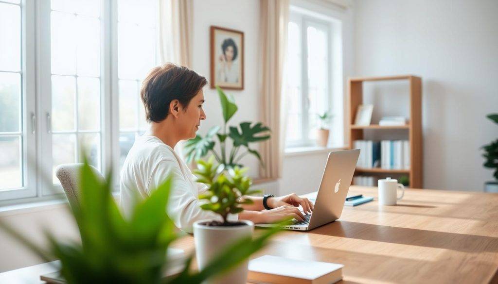 A serene home office with natural light streaming through large windows, a wooden desk, and a well-organized work area. In the foreground, a person sits comfortably, their gaze focused on a laptop screen, but their posture is relaxed and balanced. The middle ground features potted plants, a small succulent, and a minimalist desk organizer, creating a sense of harmony and mindfulness. In the background, a bookshelf with a few carefully selected titles, representing a balance between work and personal growth. The overall atmosphere is calm, peaceful, and conducive to productive, yet balanced technology use.