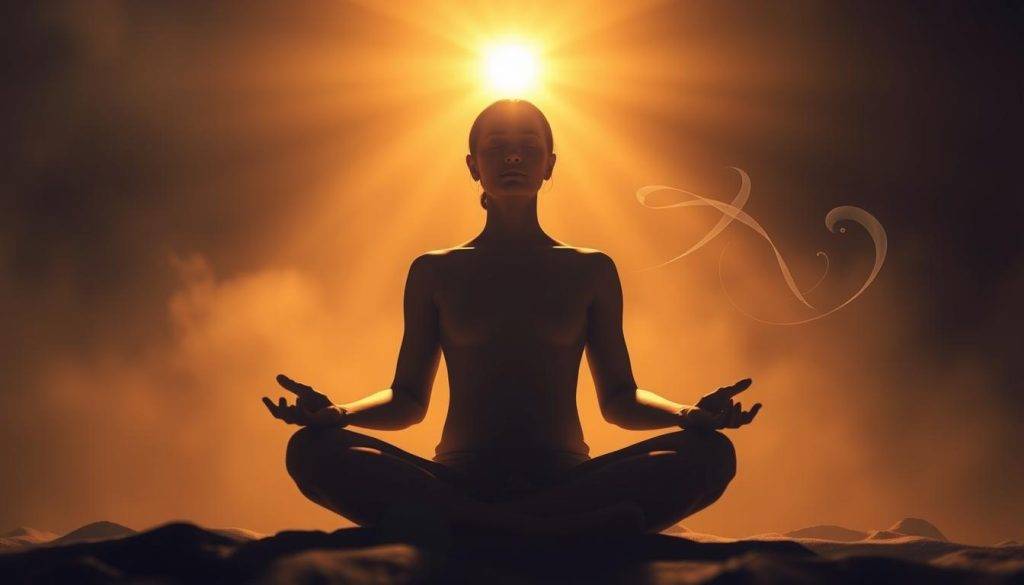 A serene, illuminated figure meditating in a tranquil, ethereal setting. Soft, warm lighting from above casts a gentle glow, creating an atmosphere of inner contemplation and spiritual focus. The figure's expression is one of calm, centered presence, radiating a sense of grounded, sustaining energy. In the background, wisps of ethereal energy swirl, suggesting the interconnectedness of individual and collective consciousness. The composition emphasizes the idea of the 'mastermind' - an individual who has tapped into the wellspring of group manifestation and channeled it through their own focused intention.