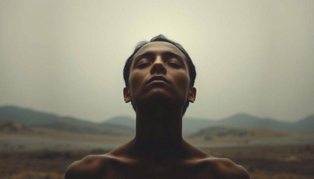 A serene individual, deep in contemplation, their gaze fixed inward, radiating a sense of emotional mastery. Soft, diffused lighting illuminates their face, casting a warm, introspective glow. The background is a tranquil, minimalist landscape, with subtle textures and muted colors that complement the subject's introspective mood. The composition is balanced, with the figure positioned centrally, creating a sense of focus and inner balance. The overall atmosphere conveys a profound understanding of the self, a harmonious integration of thought and emotion, and a capacity for directed, intentional focus.
