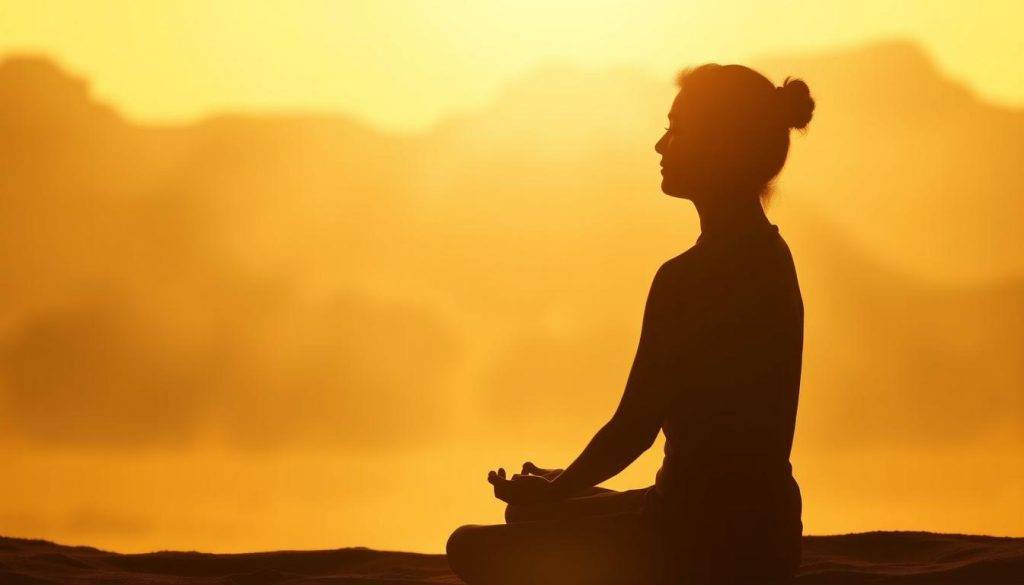 A serene, introspective scene of a person silhouetted against a glowing, ethereal background. The figure is seated in a meditative pose, their hands resting lightly on their lap, eyes closed as they focus inward. Soft, diffused lighting emanates from behind, casting a warm, calming glow that envelops the scene. The background is hazy, with subtle shapes and forms that suggest a tranquil, otherworldly landscape, inviting the viewer to join in the contemplative journey. A sense of inner peace and the overcoming of ego challenges is palpable, conveying the energy of self-reflection and personal growth.