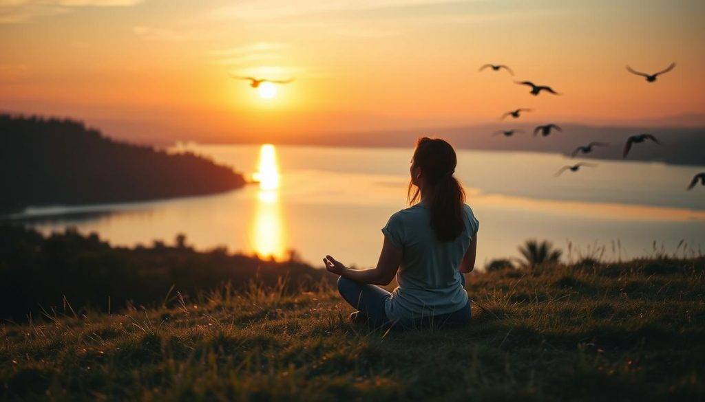 A serene landscape at dusk, with a woman seated in a meditative pose on a grassy hill overlooking a tranquil lake. Warm, golden light bathes the scene, casting a soft glow on her face as she contemplates her journey of self-love and recovery. In the distance, a flock of birds takes flight, symbolizing the freedom and hope that comes with embracing one's true self. The composition is balanced, with the woman as the focal point, surrounded by the calming elements of nature. The overall mood is one of introspection, self-acceptance, and the gradual healing of the soul.