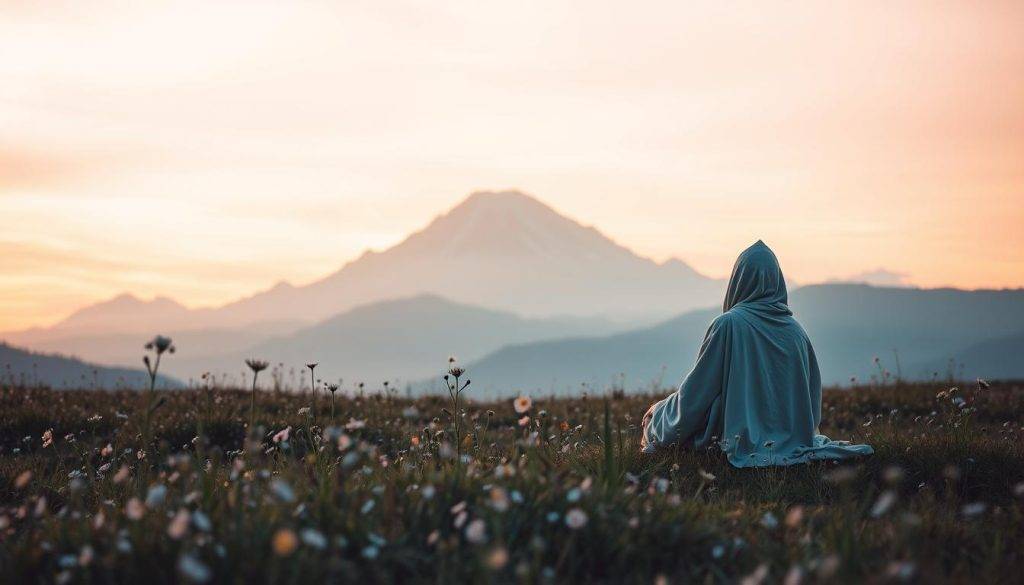 A serene landscape bathed in warm, ethereal light. In the foreground, a solitary figure sits in a meditative pose, their features obscured by flowing robes. Surrounding them, a field of delicate wildflowers sways gently in a soft breeze. In the middle ground, a majestic mountain range rises, its peaks capped with snow and shrouded in mist. The sky above is a canvas of soft, pastel hues, infused with a sense of tranquility and possibility. The overall atmosphere evokes a deep sense of inner peace, contemplation, and a connection to the larger spiritual realm.