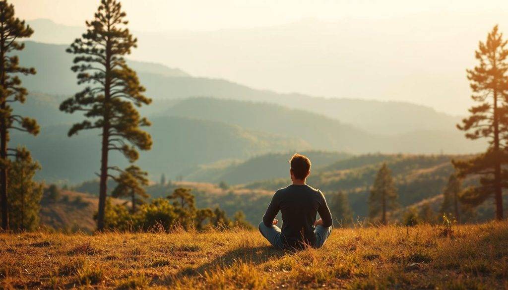 A serene landscape bathed in warm, golden light. In the foreground, a lone figure sits cross-legged on the ground, eyes closed in deep meditation, their connection to the natural world palpable. Towering trees and rolling hills form the middleground, their verdant greens contrasted by the hazy blue sky above. A sense of tranquility and introspection pervades the scene, as the person embarks on a transformative vision quest, guided by the ancient wisdom of the land. Cinematic, wide-angle composition captures the vastness of the environment, inviting the viewer to feel the power of nature's healing embrace.