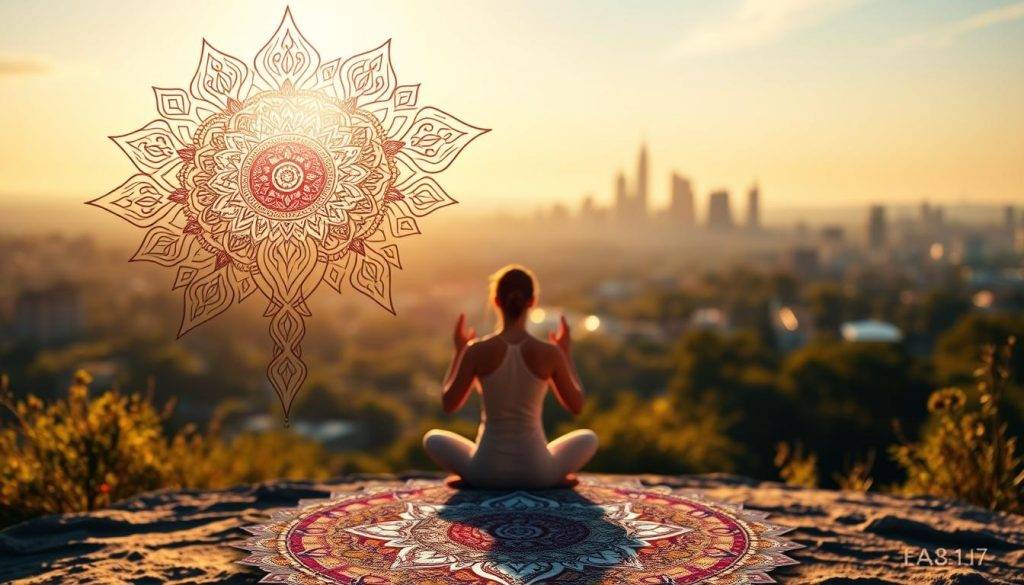 A serene landscape bathed in warm, natural light. In the foreground, a vibrant, hand-drawn mandala representing the principles of the law of attraction, its intricate patterns and symbols radiating positive energy. In the middle ground, a person meditating in a lotus position, their hands in a mudra, embodying the power of mindfulness and positive affirmations. The background features a soft, blurred cityscape, symbolizing the connection between inner and outer worlds, the manifestation of desires.