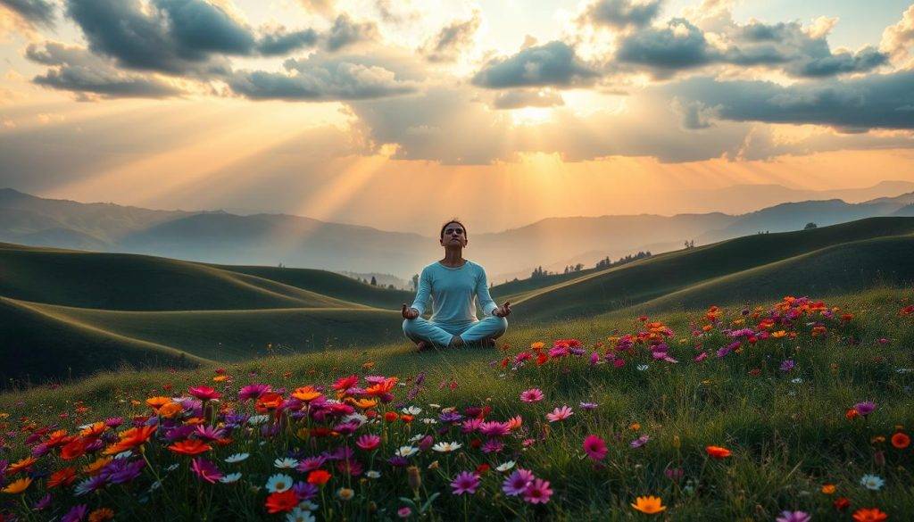 A serene landscape of rolling hills, with vibrant wildflowers blooming in the foreground. In the middle ground, a figure sits cross-legged, their hands resting gently on their lap, eyes closed in deep meditation. Soft, diffused lighting filters through the clouds, casting a warm, healing glow over the scene. The background is a panoramic vista of distant mountains, their peaks bathed in the golden hues of the setting sun. An aura of tranquility and inner peace permeates the entire composition, conveying the emotional healing and transformation that can occur through introspection and self-reflection.