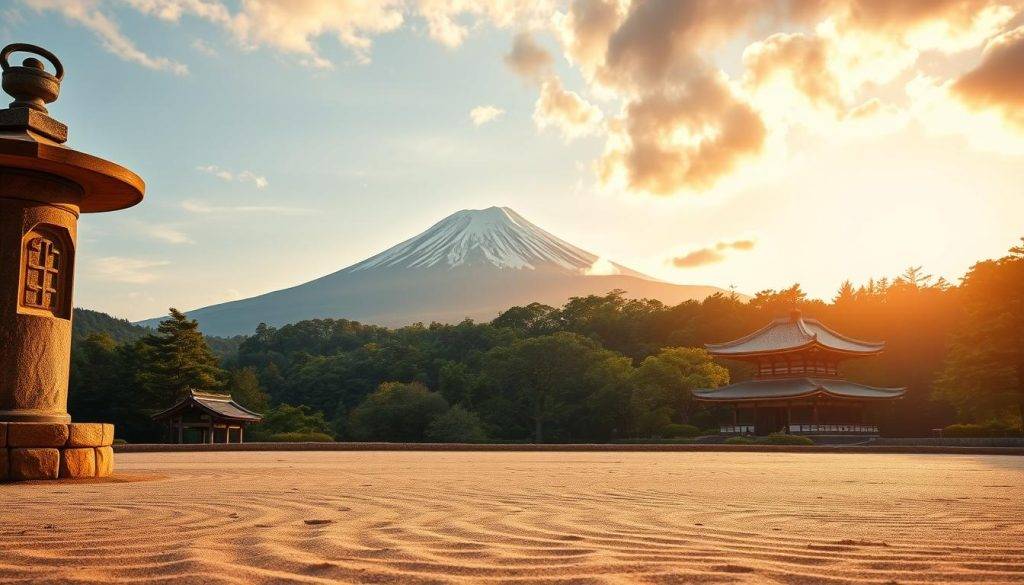 A serene landscape reflecting the origins and history of Zen. In the foreground, a tranquil zen garden with carefully raked sand and a weathered stone lantern. In the middle ground, a majestic Mount Fuji rises, its snow-capped peak piercing the sky. In the background, a traditional Japanese temple nestled among lush, verdant forests, illuminated by warm, golden light filtering through the clouds. The scene conveys a sense of timeless contemplation, balance, and harmony, capturing the essence of the Zen philosophy.