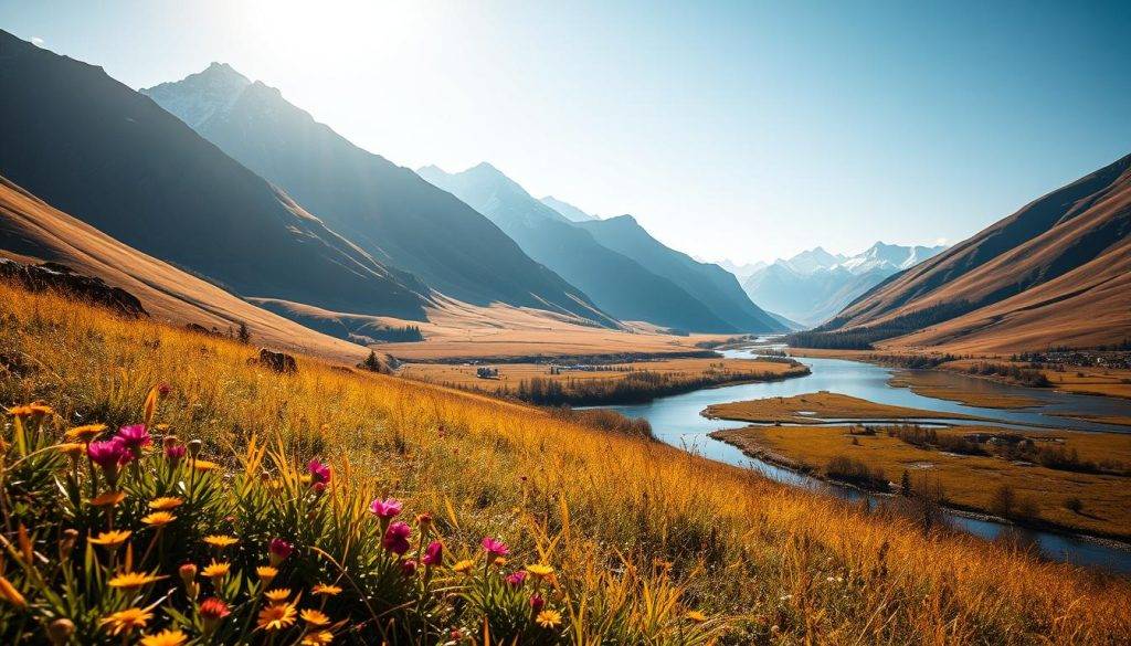 A serene landscape symbolizing the foundations of positive change. In the foreground, a lush meadow with vibrant wildflowers, bathed in warm, golden sunlight. In the middle ground, a winding river flows peacefully, its reflective surface mirroring the surrounding hills. Towering mountains rise in the distance, their snow-capped peaks reaching towards the clear, azure sky. A sense of harmony and balance pervades the scene, evoking a feeling of hope and renewal. The lighting is soft and diffused, creating a calming, contemplative atmosphere. This image conveys the natural, grounded principles that underpin lasting positive transformation.
