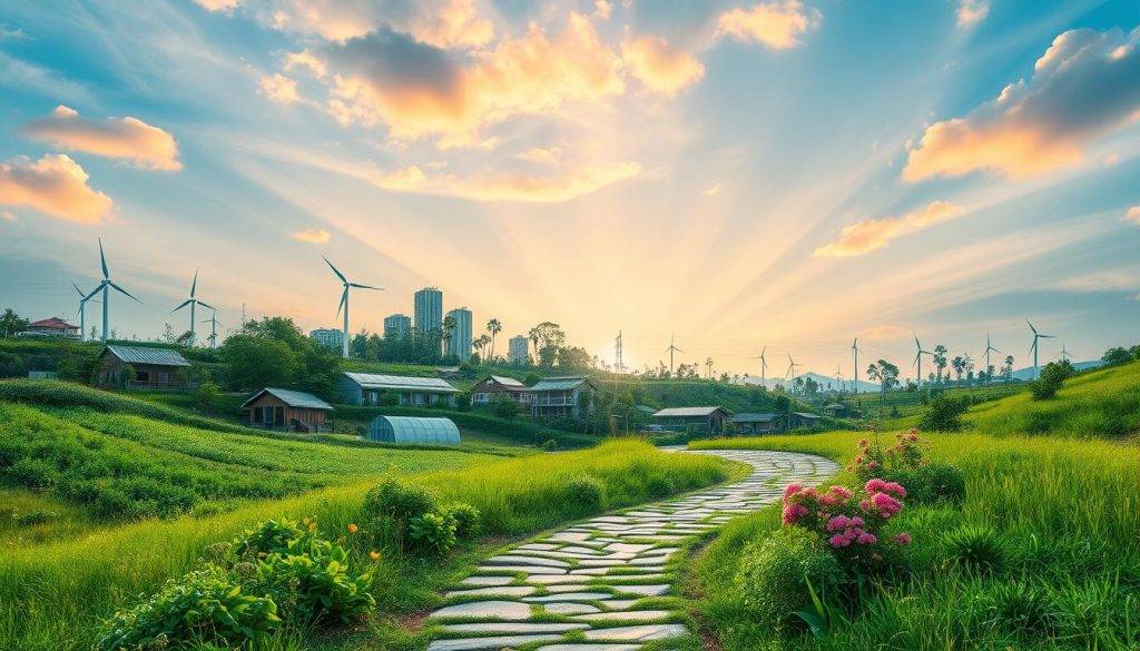A serene landscape unfolds, showcasing the journey of sustainable transformation. In the foreground, a winding path symbolizes the steps toward positive change, with lush greenery and vibrant flora lining the way. The middle ground features a diverse array of sustainable practices, such as renewable energy sources, eco-friendly architecture, and thriving community gardens. In the background, a vibrant sky with warm, natural lighting illuminates the scene, conveying a sense of hope and optimism. The overall composition evokes a harmonious balance between human progress and environmental preservation, inspiring a vision of a sustainable future.