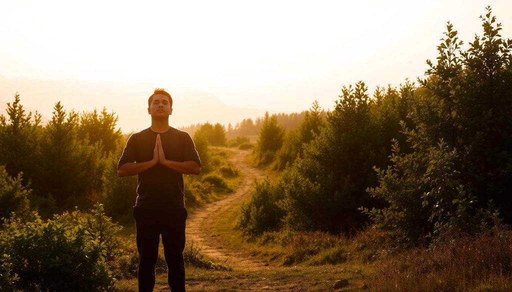 A serene landscape with a lone figure in the foreground, standing with eyes closed and hands clasped in a meditative pose. The figure is bathed in a warm, golden light that emanates from behind, casting a soft glow on their surroundings. In the middle ground, a path winds through lush, verdant foliage, leading the eye towards a distant, snow-capped mountain range. The background is filled with a hazy, atmospheric sky, suggesting a sense of tranquility and focus. The overall mood is one of deep concentration, aligned intention, and a harmonious connection between the individual and their environment.
