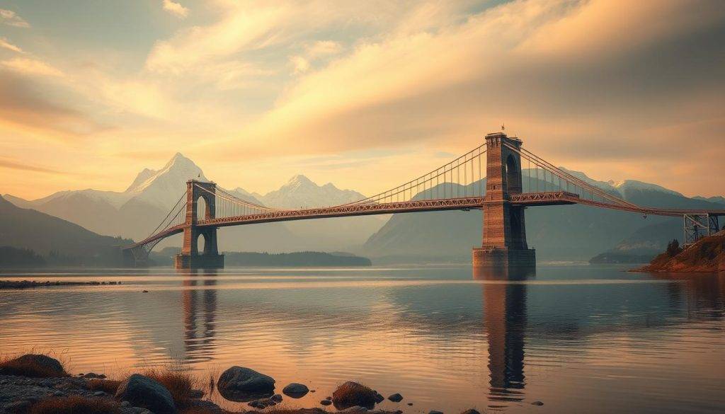 A serene landscape, with a majestic bridge spanning the divide between the realms of science and spirituality. In the foreground, a tranquil lake reflects the sky, creating a sense of harmony and balance. The bridge, crafted from gleaming metal and stone, symbolizes the interconnection between the empirical and the metaphysical. Towering mountains rise in the background, their peaks capped with snow, evoking a sense of grandeur and timelessness. Soft, warm lighting casts a gentle glow over the scene, inviting contemplation and introspection. The atmosphere is one of reverence and wonder, as the image suggests the possibility of reconciling the seemingly disparate domains of the rational and the mystical.