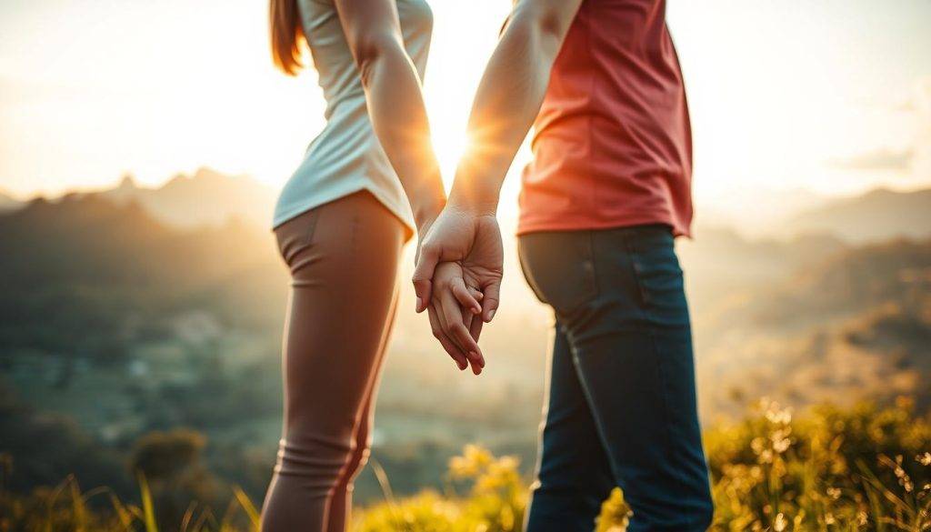 A serene landscape with two individuals standing side by side, their bodies intertwined in a graceful dance of unity. The foreground depicts the partners' hands joined together, their fingers intertwined, symbolizing the harmony and synchronicity of their shared manifestation journey. The middle ground showcases the couple's faces, their eyes locked in a profound gaze, conveying a deep emotional connection and a shared vision. The background depicts a lush, dreamlike environment, bathed in warm, diffused lighting that creates a sense of tranquility and boundless possibility. The overall mood is one of collaboration, trust, and the empowering energy of co-manifestation.