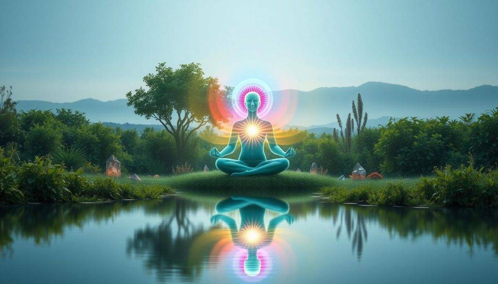 A serene, luminous landscape where the human form meditates in a lotus position, their aura radiating a spectrum of colors that intertwine with the energy of the surrounding environment. In the foreground, a tranquil body of water reflects the scene, creating a sense of balance and harmony. The middle ground features lush, verdant foliage and a variety of natural elements, such as crystals and herbs, symbolizing the integration of holistic practices. The background showcases a distant, mountainous horizon, evoking a sense of expansiveness and spiritual connection. The lighting is soft and diffused, creating a calming, dreamlike atmosphere that invites the viewer to enter a state of mindfulness and healing.