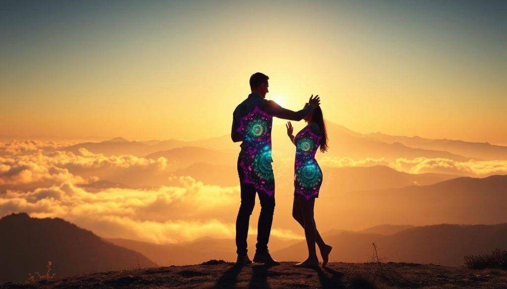 A serene, luminous landscape where two figures stand in perfect alignment, their energies intertwined in a cosmic dance. The foreground features the silhouettes of the couple, their bodies glowing with an ethereal, multi-colored radiance that emanates from their connected hands. The middle ground is a tranquil valley, bathed in soft, warm light that filters through wispy clouds. In the background, a majestic mountain range rises, its peaks capped with a shimmering, otherworldly energy. The scene is illuminated by a soft, diffused lighting, creating a sense of harmony and balance. The overall mood is one of deep, spiritual connection and universal alignment.