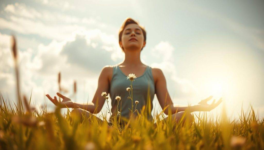 A serene meadow, sunlight filtering through wispy clouds, serves as the backdrop for a person in a meditative pose, eyes closed, exuding a sense of inner peace and clarity. In the middle ground, delicate flowers bloom, symbolizing the cultivation of a positive mindset, while in the foreground, a glowing sphere of light represents the transcendence of limiting beliefs. The scene is captured with a soft, dreamlike aesthetic, using a shallow depth of field and warm, golden hues to evoke a sense of transformation and spiritual awakening.