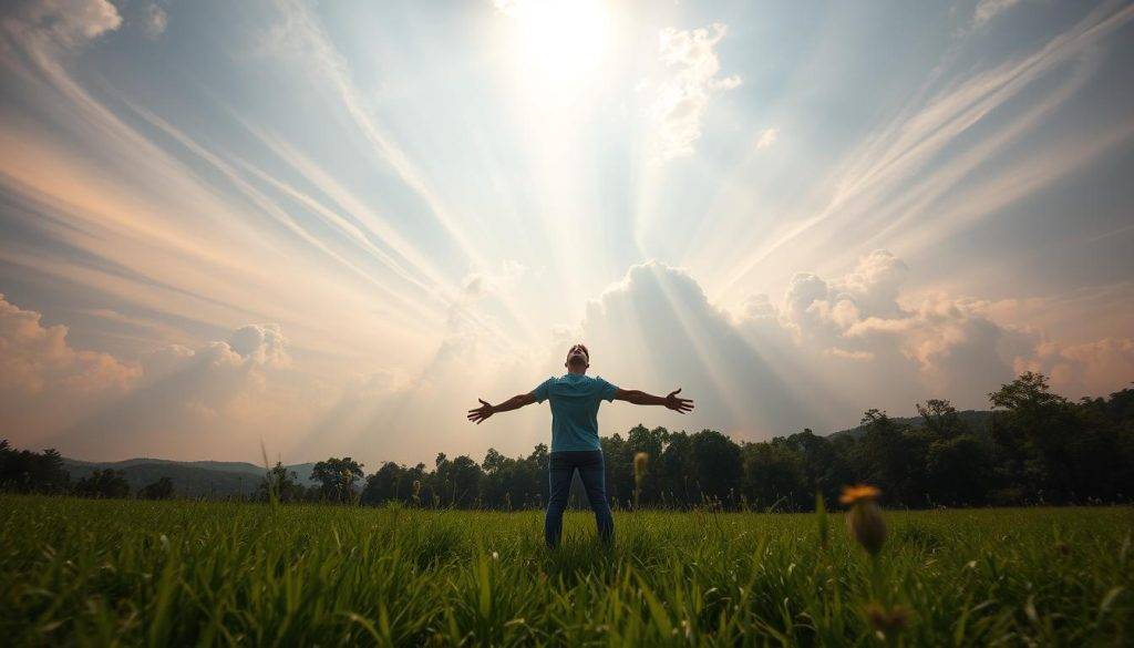 A serene meadow where a person stands, gazing upward with determination. Wispy clouds part to reveal a brilliant, golden sky. Beams of light gently cascade upon the figure, illuminating their face with a sense of resolve. The landscape is lush and verdant, symbolizing the fertile ground for personal growth. The person's stance is poised, legs firmly planted, arms outstretched, embracing the unknown with courage. An aura of tranquility pervades the scene, suggesting that by overcoming the fear of change, one can find harmony and renewal.