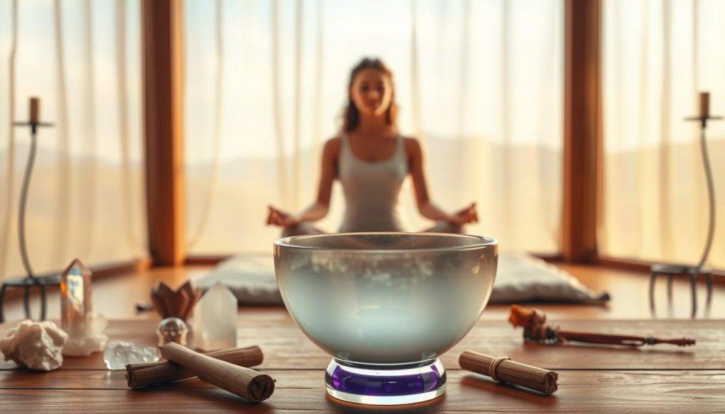 A serene meditation chamber, bathed in warm, diffused lighting. In the foreground, a crystal singing bowl rests on a wooden table, its surface gently vibrating and emanating a soothing, harmonic frequency. Surrounding the bowl, an array of quartz crystals, sage bundles, and other metaphysical healing tools. In the middle ground, a person sits cross-legged on a plush meditation cushion, their eyes closed in deep concentration, their aura pulsing with the resonant frequencies. The background is a softly blurred, ethereal landscape, suggesting a transcendent, otherworldly space for spiritual exploration and rejuvenation.