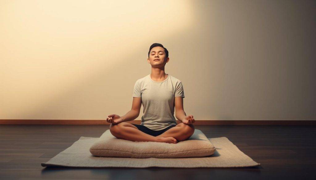 A serene meditation space with a person sitting cross-legged on a plush cushion. Soft, diffused lighting illuminates the scene, creating a warm, peaceful ambiance. The background features a minimalist, monochromatic setting with simple, clean lines, allowing the focus to remain on the meditator. The person's expression is calm and contemplative, their eyes gently closed as they immerse themselves in the moment. The overall composition conveys a sense of introspection, mindfulness, and the integration of AI-powered technology to enhance the meditative experience.
