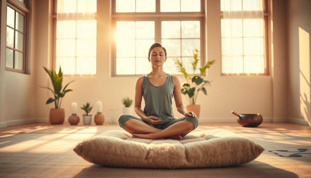 A serene meditation studio bathed in warm, natural light filtering through large windows. In the foreground, a person sits cross-legged on a plush meditation cushion, eyes closed, hands resting gently on their lap. The middle ground features an arrangement of potted plants, candles, and a small singing bowl, creating a calming ambiance. The background showcases a minimalist, Zen-inspired decor with clean lines and muted colors, evoking a sense of tranquility and focus. The overall scene conveys the benefits of AI-assisted meditation, with a focus on relaxation, mindfulness, and the integration of technology into traditional practices.