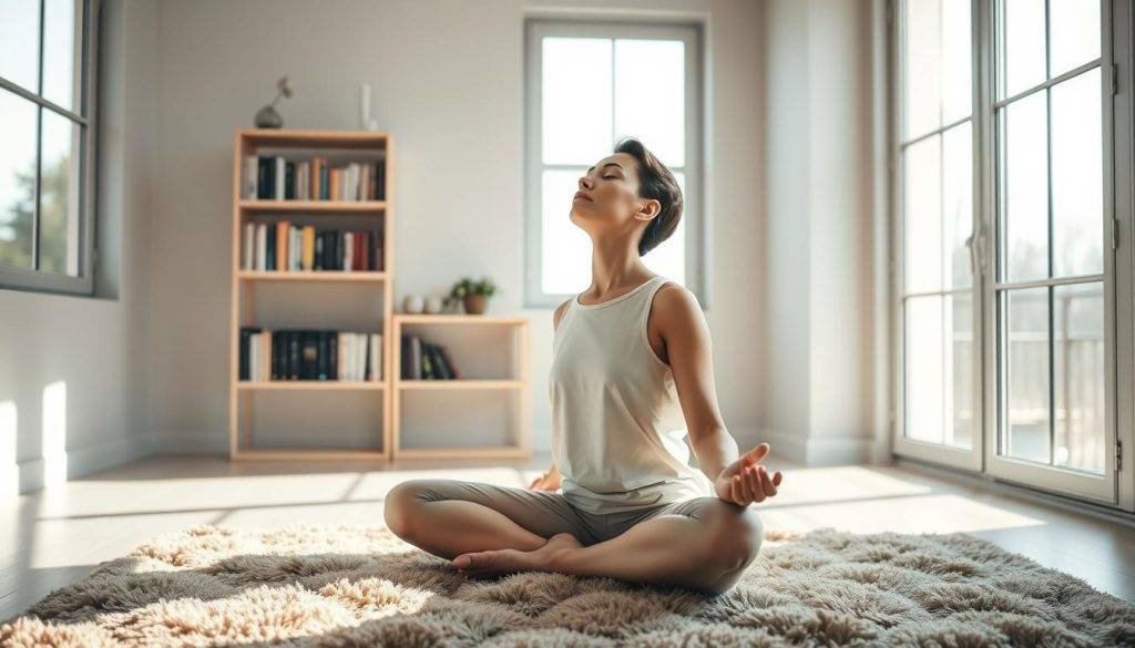 A serene meditation studio, sunlight streaming through large windows, illuminating a person sitting cross-legged on a plush rug, eyes closed in deep concentration. Their hands rest lightly on their knees, fingertips touching as they practice breath control, the subtle rise and fall of their chest mirroring the ebb and flow of their voice. Behind them, a minimalist bookshelf holds volumes on leadership and self-improvement, a symbolic backdrop for this journey of personal growth and executive presence.