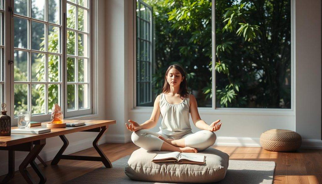 A serene meditation studio with natural light streaming through large windows, illuminating a minimalist workspace. A wooden table holds a glowing crystal, incense, and a personalized journal. In the foreground, a person sits cross-legged on a plush cushion, eyes closed, hands resting gently on their lap, radiating a sense of deep focus and inner peace. The background depicts lush, verdant foliage, hinting at a connection to the natural world. The overall atmosphere is calming, introspective, and conducive to a personalized meditation practice.