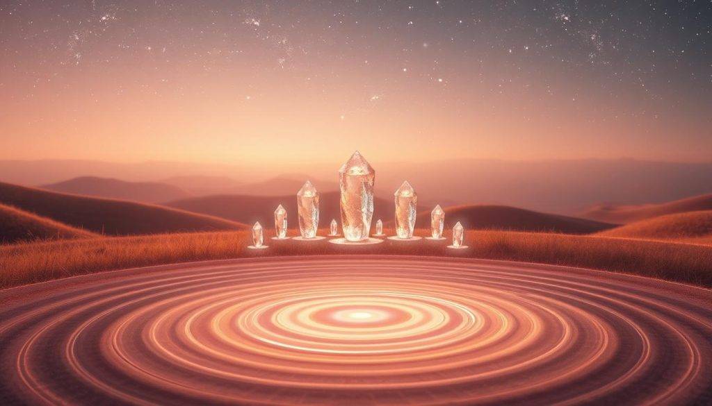 A serene, meditative landscape bathed in soft, warm lighting. In the foreground, a series of concentric circles emanate pulsing, therapeutic sound frequencies, visualized as gentle undulations of energy. The middle ground features holographic, crystalline structures that amplify and refract the vibrations, creating a harmonious, soothing display. In the background, a dreamy, starry sky sets the stage for this calming, restorative scene. The overall atmosphere is one of tranquility, inviting the viewer to immerse themselves in the healing power of sound.