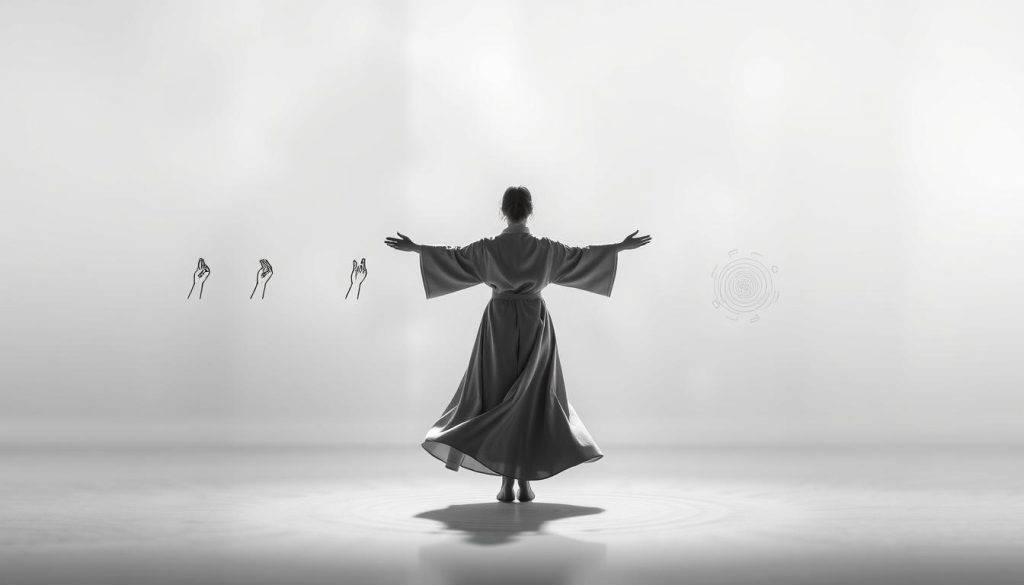A serene, minimalist illustration of a step-by-step guide to Sufi whirling meditation. In the foreground, a flowing, robed figure stands with arms outstretched, their long skirts and sleeves billowing gracefully. Behind them, a series of numbered steps float in mid-air, each depicting a different hand gesture or body position associated with the whirling practice. The middle ground features a faint, ethereal pattern of spirals and circles, representing the meditative energy of the ritual. The background is a softly blurred, monochromatic expanse, evoking a sense of tranquility and focus. The lighting is soft and diffused, creating a contemplative, introspective atmosphere. Captured with a wide-angle lens to convey a sense of expansiveness and mysticism.
