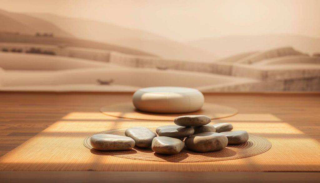 A serene, minimalist meditation space with warm, soft lighting. In the foreground, a group of smooth river rocks are arranged in a meditative pattern, casting gentle shadows. In the middle ground, a simple zafu cushion sits atop a woven mat, inviting contemplation. The background features a calming, abstract landscape with muted colors and subtle textures, evoking a sense of tranquility. The overall atmosphere is one of introspection and mindfulness, encouraging the viewer to pause and reflect.