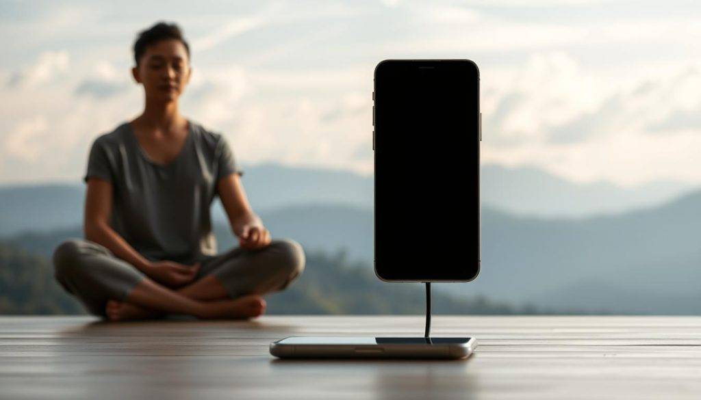 A serene minimalist scene depicting a harmonious balance between digital connectivity and offline presence. In the foreground, a person sits cross-legged, eyes closed, hands resting gently in their lap, embodying mindful presence. The middle ground features a smartphone, its screen dark, symbolizing a temporary digital detox. The background showcases a tranquil natural landscape, with soft, diffused natural lighting filtering through wispy clouds, conveying a sense of calm and grounding. The overall composition and muted color palette evoke a feeling of digital well-being and digital self-care.