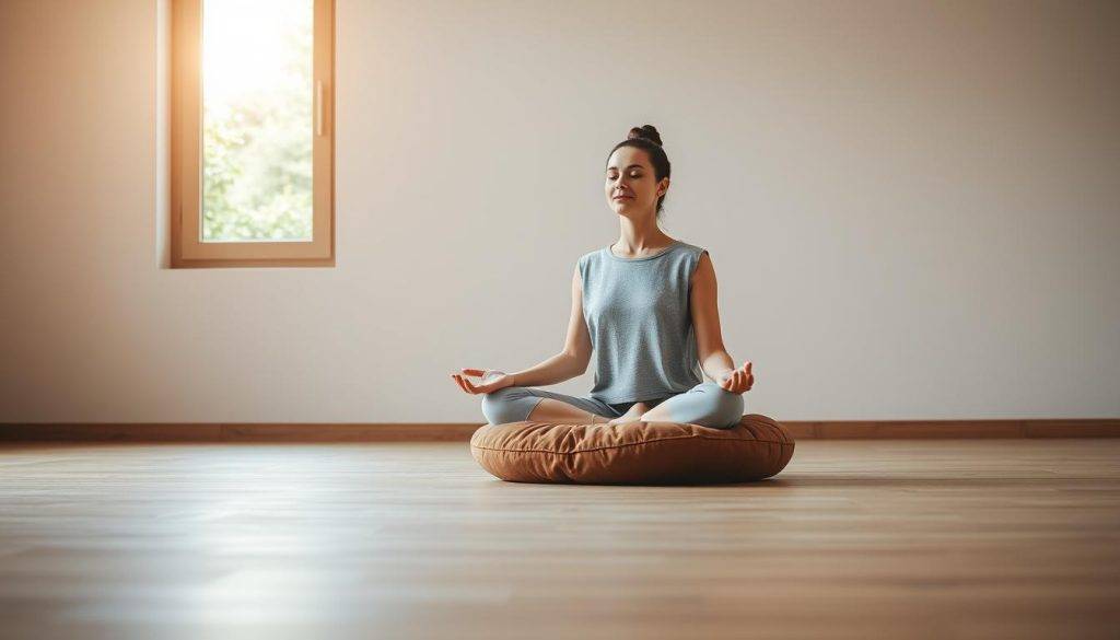 A serene, minimalist scene of a person practicing daily mindfulness. In the foreground, a person sits cross-legged on a plush, earthy-toned meditation cushion, their eyes gently closed and their hands resting in a meditative pose on their lap. Soft, warm lighting illuminates their face, creating a sense of inner calm and focus. The middle ground features a simple, uncluttered space with bare wooden floors and neutral-colored walls, allowing the viewer to feel a sense of tranquility and spaciousness. In the background, a large window looks out onto a lush, verdant garden, hinting at the connection between the inner and outer worlds. The overall atmosphere evokes a sense of balance, clarity, and emotional equilibrium.