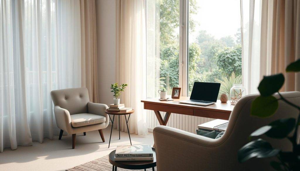 A serene, minimalist study with a large window overlooking a tranquil garden. Soft, natural lighting filters through sheer curtains, creating a warm, introspective atmosphere. In the foreground, a comfortable armchair and a small side table with a stack of self-help books. On the table, a single potted plant symbolizes new growth. The middle ground features a wooden desk with a laptop, notebook, and a few personal mementos, conveying a sense of focus and intention. The background showcases the lush, verdant garden outside, suggesting the idea of new horizons and untapped potential. This scene evokes a space for personal reflection, self-discovery, and the pursuit of one's passions in the next chapter of life. A serene, minimalist study with a large window overlooking a tranquil garden. Soft, natural lighting filters through sheer curtains, creating a warm, introspective atmosphere. In the foreground, a comfortable armchair and a small side table with a stack of self-help books. On the table, a single potted plant symbolizes new growth. The middle ground features a wooden desk with a laptop, notebook, and a few personal mementos, conveying a sense of focus and intention. The background showcases the lush, verdant garden outside, suggesting the idea of new horizons and untapped potential. This scene evokes a space for personal reflection, self-discovery, and the pursuit of one's passions in the next chapter of life.