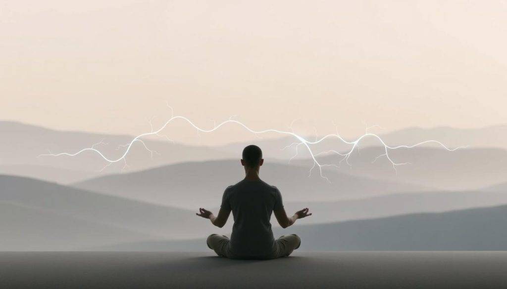 A serene, minimalistic scene depicting the balance of the nervous system. In the foreground, a person sits in a meditative pose, their hands resting gently on their lap. The figure is rendered in a soft, muted palette, conveying a sense of tranquility. In the middle ground, a series of stylized nerve pathways wind and intersect, glowing with a subtle bioluminescent light. The background features a calming, abstract landscape with muted hues and gentle gradients, evoking a sense of harmony and equilibrium. The lighting is natural and diffused, creating a peaceful, contemplative atmosphere. The overall composition emphasizes the interconnectedness of the mind and body, and the importance of techniques to maintain nervous system balance.