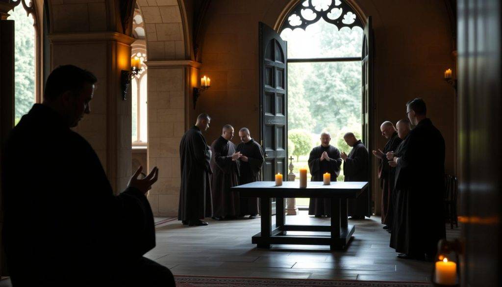 A serene morning in a monastic cloister, the soft glow of candlelight illuminates the devotional rituals of robed monks. In the foreground, a lone figure kneels in solemn prayer, their face cast in contemplative shadow. In the middle ground, a group of monks gather around a simple wooden table, their hands gracefully folding and unfolding as they perform their daily devotions. The background reveals the tranquil beauty of the cloister, with ornate stone arches and a lush, verdant garden visible through the open windows. The scene is imbued with a sense of timeless tradition and profound inner peace.