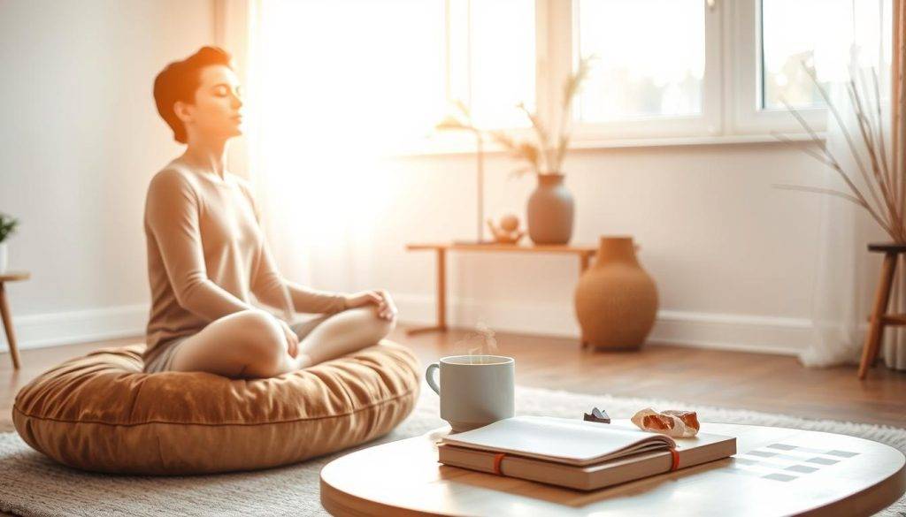 A serene morning scene depicting an individual's daily intention practices. In the foreground, a person sits cross-legged on a plush, earth-toned meditation cushion, their eyes closed in deep contemplation. Soft, natural lighting filters through the large window behind them, casting a warm glow on the scene. In the middle ground, a low wooden table holds a steaming mug of tea, a journal, and a set of crystals arranged in a thoughtful pattern. The background features a minimalist, Scandinavian-inspired space with neutral tones and clean lines, creating a calming, focused atmosphere conducive to introspection and personal growth.