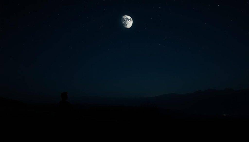 A serene nightscape bathed in the soft, ethereal glow of the lunar phases. In the foreground, a solitary figure sits in quiet contemplation, their face illuminated by the waxing and waning of the moon's cycles. The middle ground features a tranquil landscape of rolling hills and distant mountains, their silhouettes casting long shadows across the land. In the background, the night sky is a tapestry of stars, with the phases of the moon orbiting gracefully, a visual representation of the ebb and flow of emotions. Soft, diffused lighting creates a sense of depth and atmosphere, while a wide-angle lens captures the expansive, introspective mood. This image evokes the astrological significance of the new moon, a time of introspection, new beginnings, and the profound emotional impact of the lunar cycle.