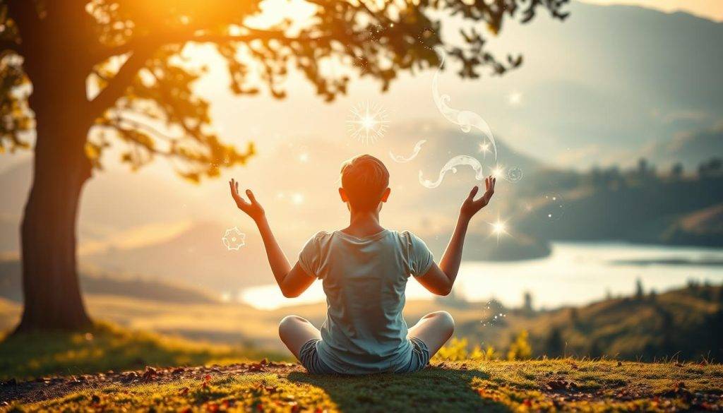 A serene outdoor scene, bathed in warm, soft light. In the foreground, a person sits cross-legged, their palms facing upward in a meditative pose, eyes closed as they undergo a spiritual healing process. Surrounding them, ethereal energy fields and wisps of light dance and swirl, symbolizing the release of trauma and the flow of restorative energy. In the middle ground, a tranquil natural landscape unfolds, with rolling hills, lush greenery, and a calming body of water reflecting the sky. The background is hazy, with a sense of spaciousness and interconnectedness, suggesting the depth and universality of the healing journey.