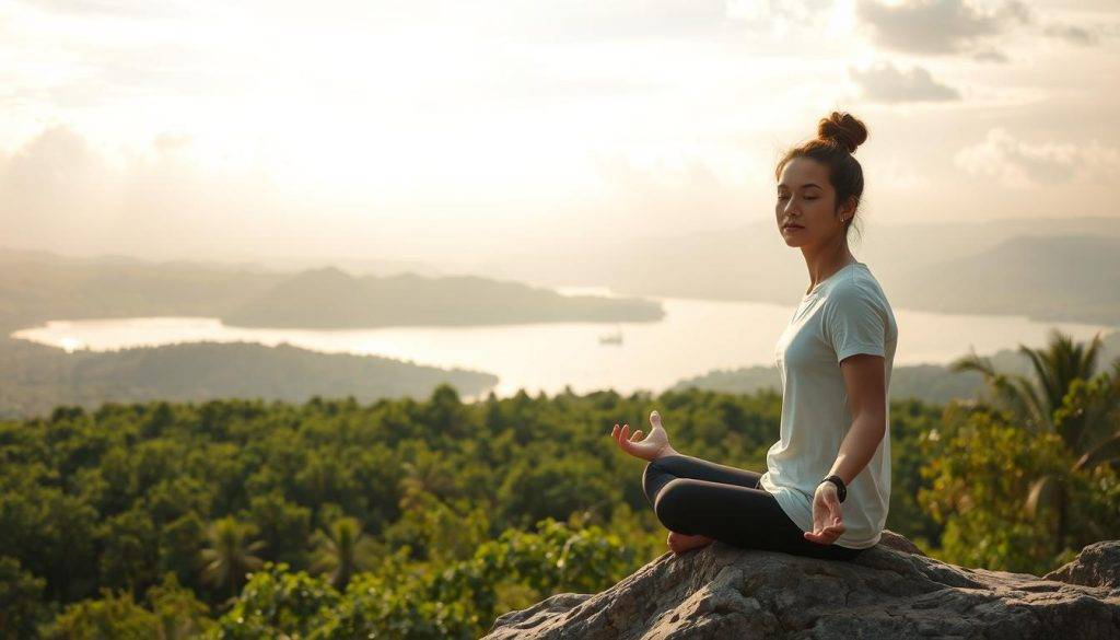 A serene outdoor scene with a person sitting in a meditative pose on a rock overlooking a tranquil lake. Soft, diffused natural lighting filters through wispy clouds, casting a warm, calming glow. The person's expression is one of deep focus and inner peace, projecting a sense of mindful confidence. In the middle ground, a lush forest frames the scene, its verdant foliage rustling gently in a light breeze. In the distance, rolling hills stretch out towards a hazy horizon, conveying a sense of vast, untamed nature. The overall atmosphere is one of introspection, resilience, and self-assurance.