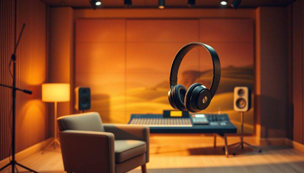 A serene recording studio backdrop, with a cozy armchair and a pair of wireless headphones floating in the foreground. The room is bathed in warm, golden lighting, creating a sense of comfort and focus. In the middle ground, a minimalist audio mixing console stands ready, its controls and dials hinting at the potential for personalization. The background features a lush, abstract landscape, representing the boundless creative possibilities of the listener's audio journey. The overall scene conveys a sense of tranquility, inspiration, and the power of customized sonic experiences.