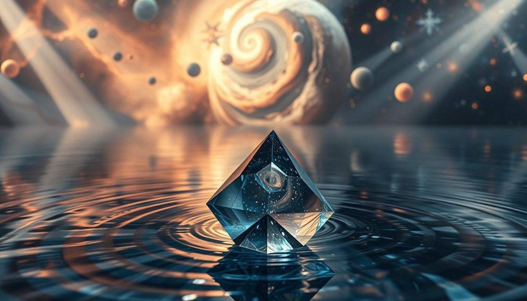 A serene, reflective pool of mercury, its surface shimmering with iridescent ripples. Suspended above, a galaxy of swirling celestial forms - nebulae, stars, and distant planets. Shafts of warm, ambient light filter through, casting a dreamlike glow. In the foreground, a glass prism refracts the mercury's ethereal reflection, distorting it into an abstract, kaleidoscopic display. The scene evokes a sense of introspection, a liminal space where the material and the spiritual converge, inviting the viewer to ponder the mysteries of the cosmos and the self during this Mercury Retrograde period.