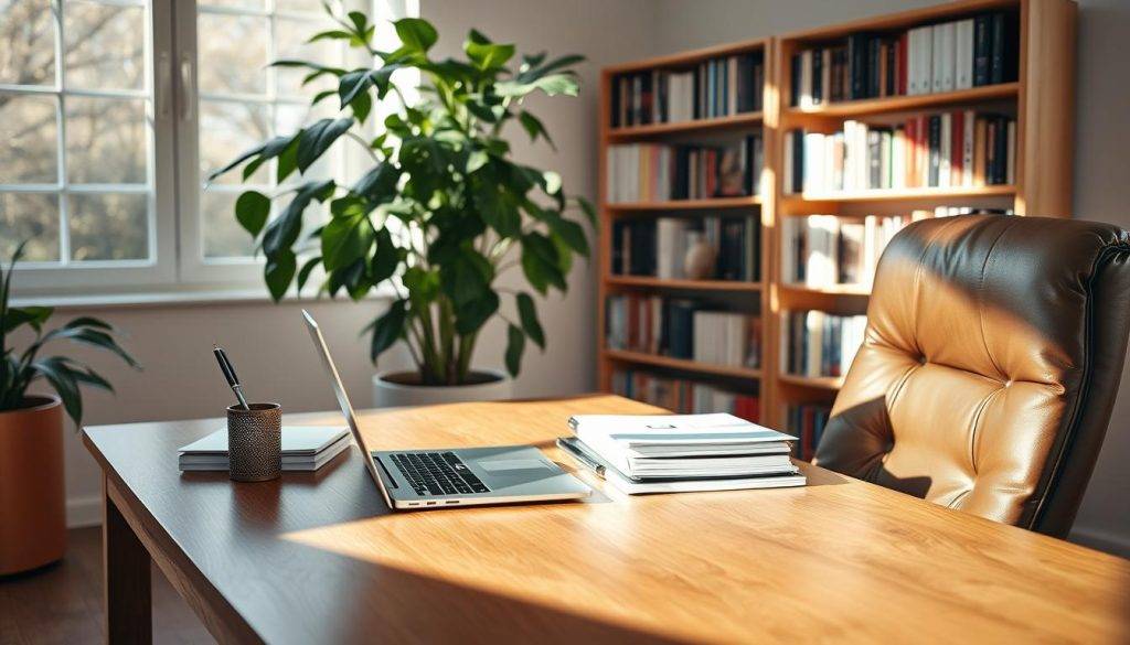 A serene, softly-lit home office scene, with a wooden desk and comfortable leather chair in the foreground. On the desk, an open laptop, a pen cup, and a stack of neatly organized files. In the middle ground, a large houseplant casts gentle shadows, and a bookshelf filled with inspiring titles stands against the wall. The background features a large window, with sunlight streaming in and illuminating the space, creating a warm, productive atmosphere. The overall composition conveys a sense of focus, organization, and a clear path to professional success.