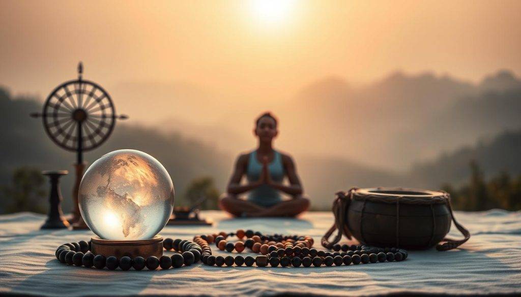 A serene, softly-lit scene depicting the spiritual principles of addiction recovery. In the foreground, a glowing crystal sphere symbolizes the clarity and inner peace found through spiritual practice. Surrounding it, an arrangement of sacred objects - a Buddhist prayer wheel, a Rosary, a Shaman's drum - representing the diverse paths to spiritual awakening. In the middle ground, a person sits in meditative pose, their eyes closed, embodying the journey of self-discovery and healing. The background is a hazy, ethereal landscape, evoking a sense of transcendence and the vastness of the human spirit.